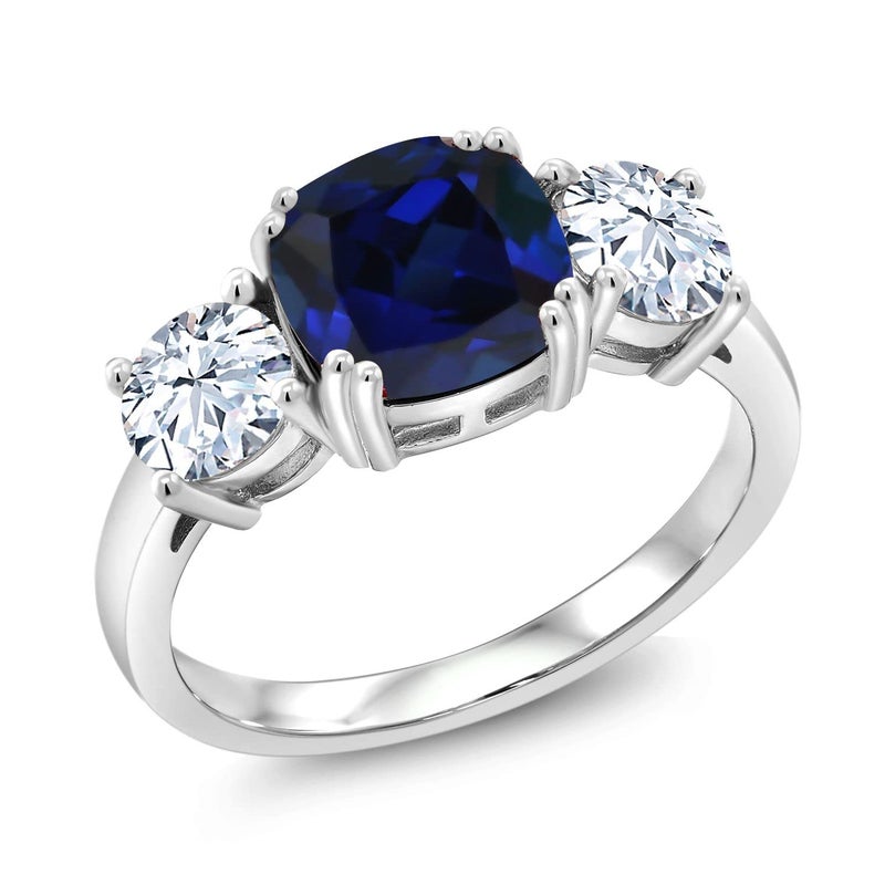 Gem Stone King 4.00 Ct Blue Simulated Sapphire Engagement Ring For Women | 925 Sterling Silver | Gemstone Birthstone | Cushion 8MM and Round 5MM | 3 Stone Wedding Anniversary Promise Ring (Size 8) - Image 2